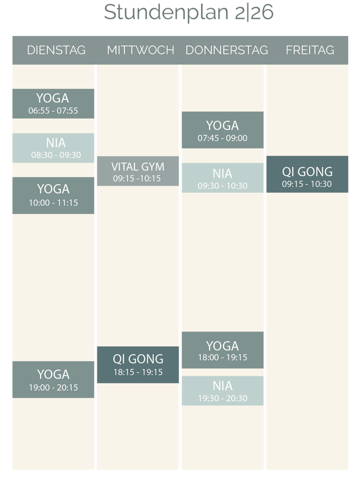 Stundenplan Yoga, Qi Gong, Nia und VitalGYM in Liestal