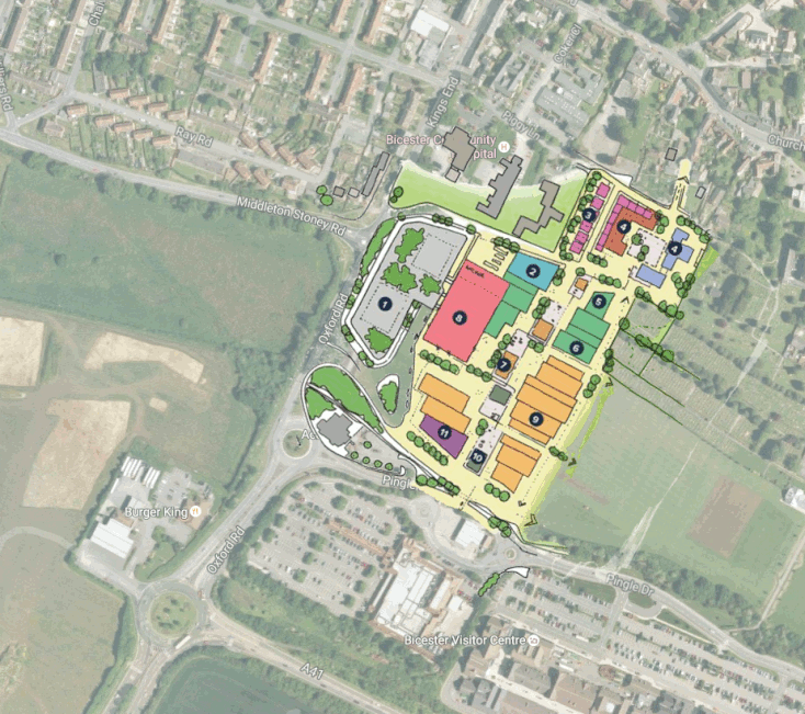 The St Edburgs site superimposed onto a map of Bicester.