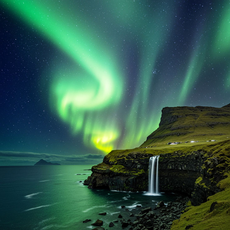 Faroer-faroe-faeroer-polarlicht-nordlicht-wasserfall