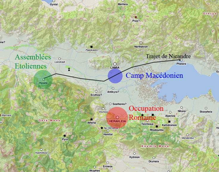 Le trajet de Nicandre, de Phalara à Hypata (carte provenant du "Digital Atlas of the Roman Empire")