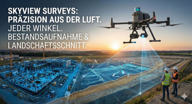 Drohne bei der Bestandsvermessung eines Geländes mit visueller Darstellung eines Landschaftsschnitts und Punktwolke für Coplan-BIM