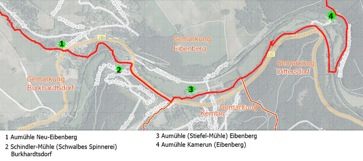 Mühlenstandorte und heutige Gemarkungsgrenzen im Zwönitztal Quelle: Martina Hühlein