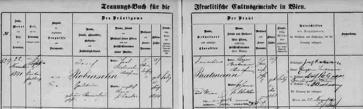 Heiratsmatrikel Josef Robinson und Ernestine Bratmann 1891