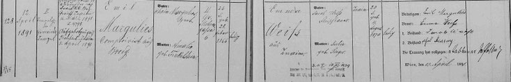 Heiratsmatrikel Emil Margulies und Emma Weiß 1891