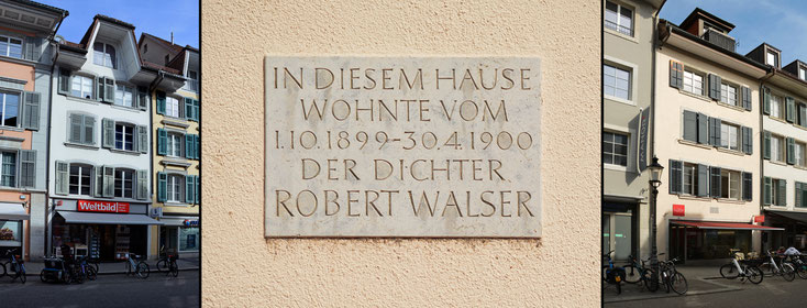 Aufnahme von 2022: Das Robert Walser Haus (links), die Gedenktafel (mitte) am falsche Haus (rechts).