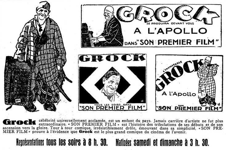 Annonce du  Grock. son premier Film, publiée dans La Sentinelle, le 12. 2. 1927.