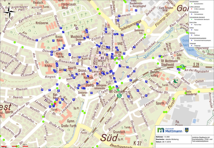 Stadtplan der Kreisstadt Mettmann mit Parkmöglichkeiten