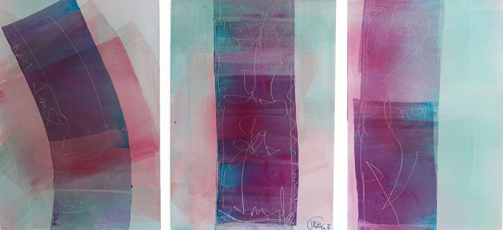 Monotype triptych on paper,  monotype which is an abstract printmaking