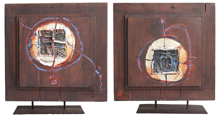 Sculpture "Gazeta Lunar"  Two-sided,  mixed technique on wood, with gold leaf 