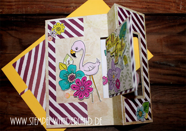 Flip Flap Karte mit Digitalen Stempel Garten Blumen Blüten Gartenzwerg Flamingo Bienen Bienenstock Frühling frisch von www.stempel-wunderland.de