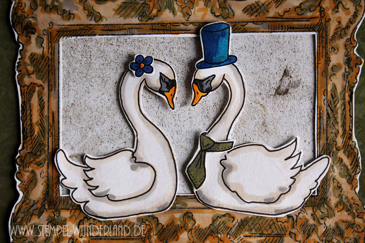 Karte Hochzeit Pärchen Paar Schwan vintage mit Rahmen Digi Stamp digitaler Stempel handgemacht von www.stempel-wunderland.de