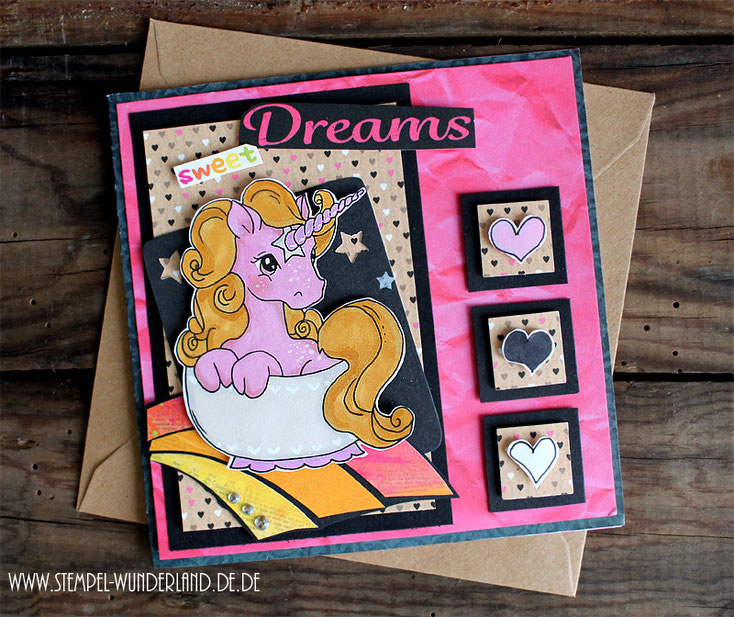 Scrap Roulette Karte Einhorn Geburstag sweet Dreams Einhorn in der Tasse rosa schwarz mit Regenbogen Digi Stamp Stempel handmade by www.stempel-wunderland.de