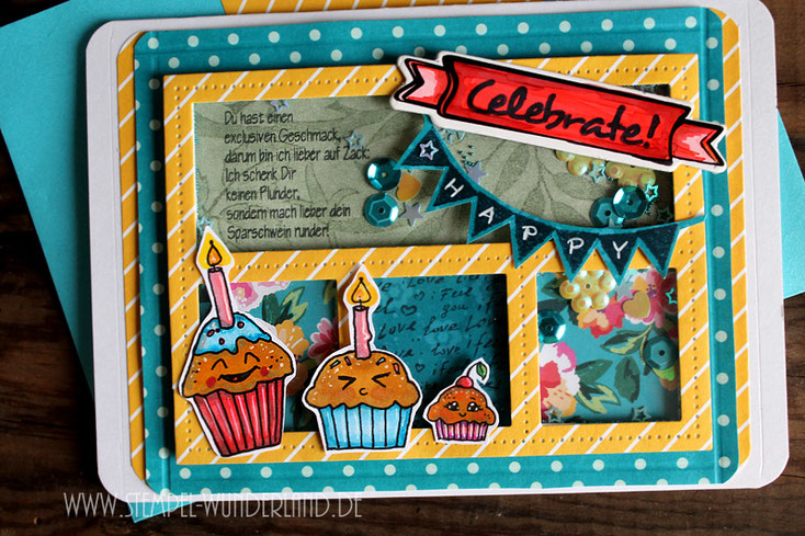 Scrapbook Karte Scrapbooking Muffin Cupcake Stempel mit Kerze und Kirsche Schüttelkarte zum Geburstag Geldgeschenk Idee von www.stempel-wunderland.de