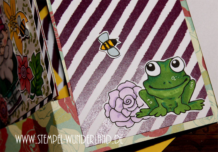 Flip Flap Karte mit Digitalen Stempel Garten Blumen Blüten Gartenzwerg Flamingo Bienen Bienenstock Frosch Rose Stempelset Frühling frisch von www.stempel-wunderland.de