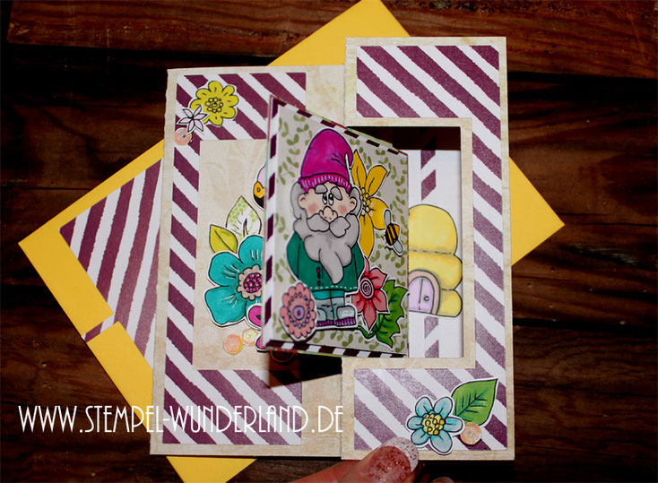 Flip Flap Karte mit Digitalen Stempel Garten Blumen Blüten Gartenzwerg Flamingo Bienen Bienenstock Frühling frisch von www.stempel-wunderland.de