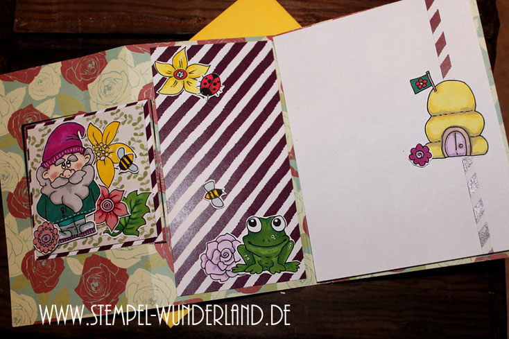 Flip Flap Karte mit Digitalen Stempel Garten Blumen Blüten Gartenzwerg Flamingo Bienen Bienenstock Frosch Stempelset Frühling frisch von www.stempel-wunderland.de