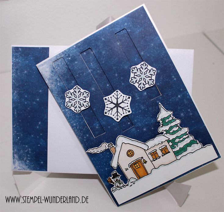 Winter Karte Schnee Winterlandschaft mit Haus Tanne und Schneemann Digi Stamp Digitaler Stempel handgemacht vom Stempel-Wunderland.de