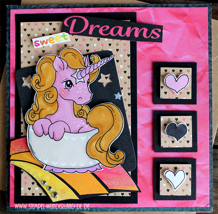 Scrap Roulette Karte Einhorn Geburstag sweet Dreams Einhorn in der Tasse rosa schwarz mit Regenbogen Digi Stamp Stempel handmade by www.stempel-wunderland.de