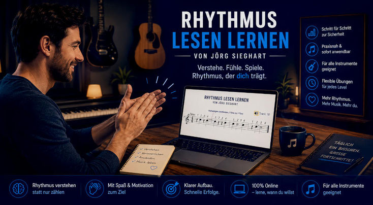 Ein Mann sitzt vor einem Laptop - im Hintergrund Gitarren und ein E-Piano - und übt eine Rhythmusübung aus dem Kurs von Jörg Sieghart