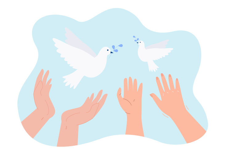 Tauben, die von Händen aus in den Himmel fliegen und stilisierte Zweige mit blauen Blätter tragen (Grafik von phc.vektor freepik)