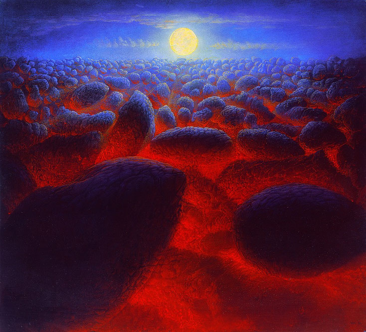 Hanno Karlhuber - Im Rot der Nacht, Öl Tempera auf Holz, 50 x 55 cm, 1985