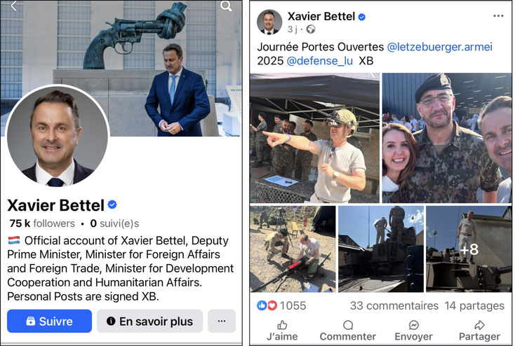 ▲Capture d’écran de la page Facebook de Xavier Bettel. Photo de couverture: The Knotted Gun, une sculpture symbolisant la non-violence et la paix. Deux scrolls plus bas: Xavier Bettel publie fièrement ses photos du spectacle militaire sur le Herrenberg.
