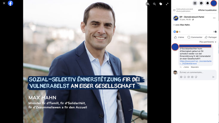 ▲ Le ministre Max Hahn sur Facebook: « Le soutien social sélectif doit être amélioré en faveur des plus vulnérables de notre société. »