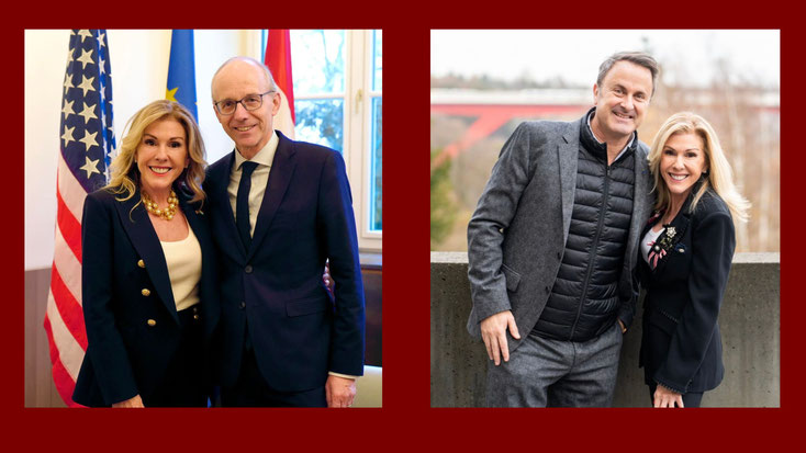 Bild aus zwee Deeler. Op der lénkser Foto poséiert de Lëtzebuerger Premierminister Luc Frieden mat der US-Ambassadrice Stacey Feinberg. Op der rietser Foto poséiert de Lëtzebuerger Ausseminister mat der US-Ambassadrice Stacey Feinberg.