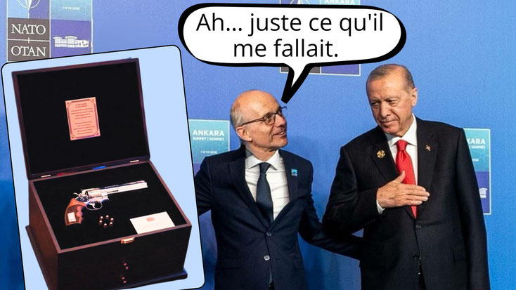 Photomontage : Luc Frieden et Recep Erdogan au sommet de l'OTAN à Ankara, avec le revolver offert dans son coffret.