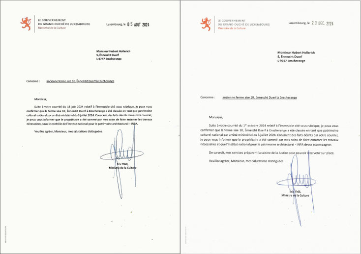 ▲ Lettres du 05/08/2024 et 20/12/2024 du ministre de la Culture Eric Thill.