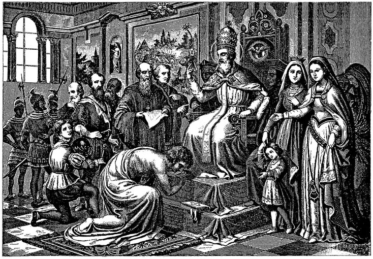 De Gang op Canossa am Joer 1077. De Kinnek Heinrich IV. knéit virum Poopst Gregor VII. a wéimert ëm seng Gonscht.