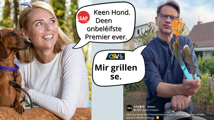 Split-Bild: Taina Bofferding mat hirem Hond a Sprechblos iwwert den onbeléiften Premier, riets de Laurent Zeimet mat enger Grillzaang a Sprechblos "Mir grillen se" beim Grillen.