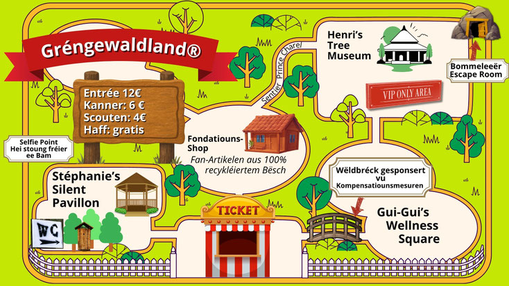 Illustréiert Kaart vum "Gréngewaldland®" mat Entréespräisser, Selfie‑Point, VIP‑Zone, Bam-Musée, Wellness‑Square, Wëldbréck a Bommeleeër‑Escape‑Room. Eng humoristesch Themepark‑Versioun vum Gréngewald.
