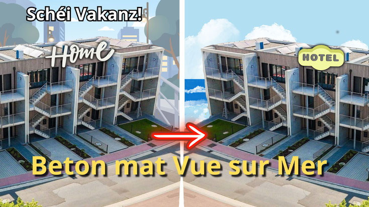 Fotomontage mat engem identesche Betongebai als Logement an als Hotel, mat urbaner Kuliss op der enger Säit an Mierkuliss op där anerer. Satir iwwer Vakanz a Beton.