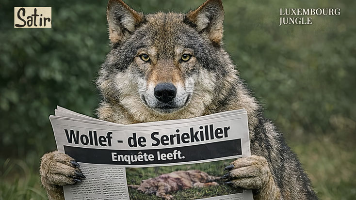 Fotomontage: E Wollef hält eng Zeitung mat der Iwwerschrëft „Wollef – de Seriekiller. Enquête leeft.“ a kuckt direkt an d’Kamera.