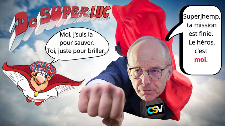 Photomontage satirique de Luc Frieden qui veut prendre la place de l'héros national, Superjhemp.