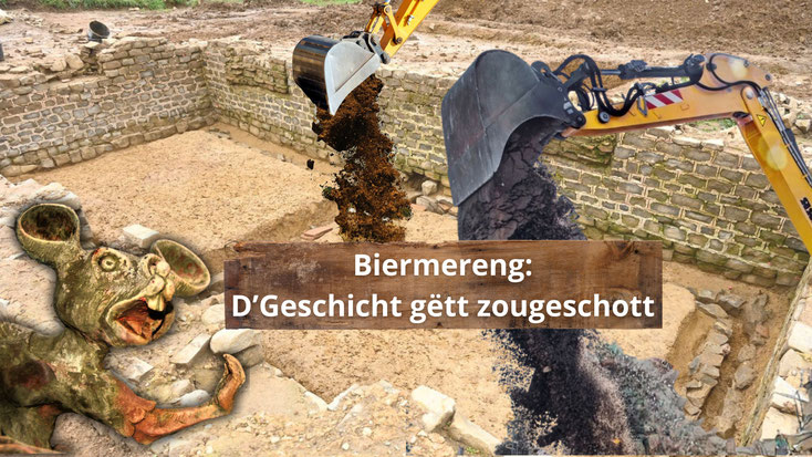 Biermereng. D'Maus Ketti kuckt entsat wéi eng ausgegruewe Réimervilla an 126 Merowingergriewer vum Bagger zerstéiert ginn, amplaz ze erhalen.