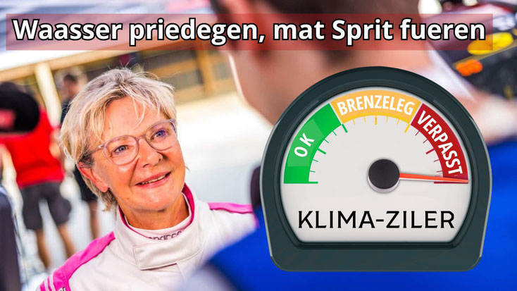 Foto vun der Sportsministesch Martine Hansen am Rennkostüm, doniewent e Speedometer mat der Schrëft "Klima-Ziler" an den Zär am roude Beräich "Verpasst".