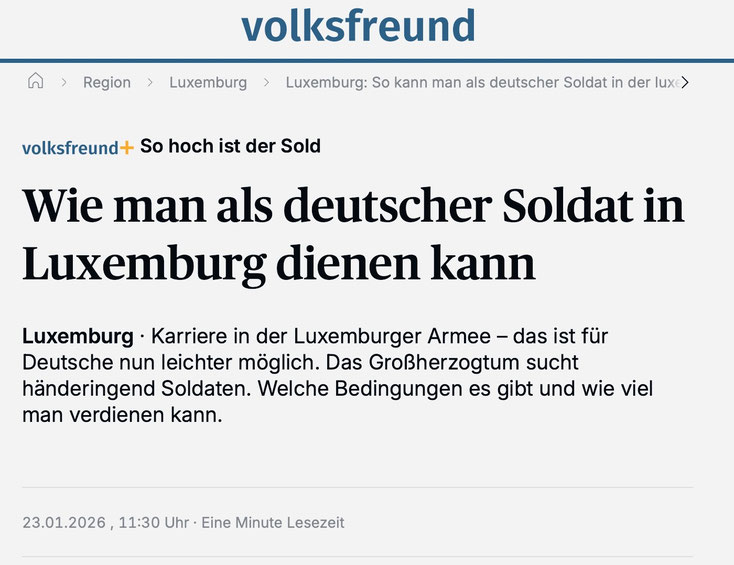 Screenshot vum "Volksfreund" vum 23. Januar 2026, deen titelt "Wie man als deutscher Soldat in Luxemburg dienen kann"