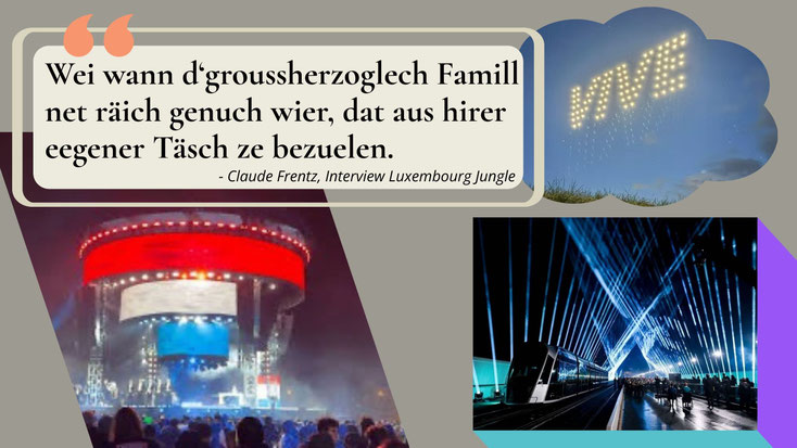 Fotomontage mam Zitat vum Claude Frentz iwwer d’Finanzéierung vum Trounwiessel, mat Biller vun der Drone-Show, dem Concert an der Tram-Inszenéierung zu Lëtzebuerg.