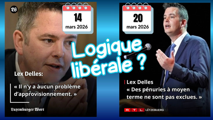 Photomontage. À gauche, le ministre DP de l’Énergie, Lex Delles, avec la citation du 14/03/2026: «Il n’y a aucun problème d’approvisionnement.» À droite, le ministre Delles le 20/03/2026 avec la citation: «Des pénuries à moyen terme ne sont pas exclues».