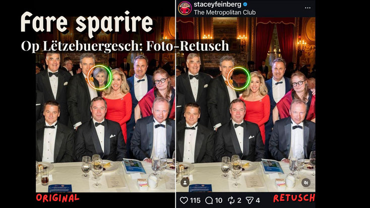 Satiresch Fotomontage. Géigeniwwerstellung vun zwou Fotoen vun engem diplomateschen Treffen zu New York am Metropolitan Club. Op der rietser, retuschéierter Foto feelt eng Persoun. Firwat?