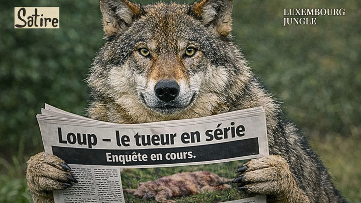 Photomontage : un loup assis tient un journal titré « Loup – le tueur en série. Enquête en cours. » et regarde l’objectif, sur un fond naturel légèrement flou.