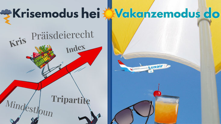 Lénks eng Krisegrafik mat Caddy, Leit, déi d'Courbe no ënnen zéien, an de Wierder Index, Präisdeierecht, Kris, Tripartite a Mindestloun. Riets eng Vakanzenzeen mat Parasol, Luxair‑Fliger, Sonnebrëll a Cocktail.