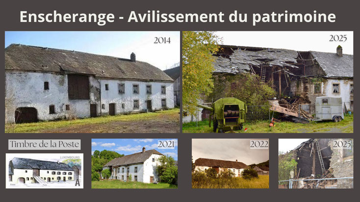 L'image montre plusieurs photos de la ferme protégée d'Enscherange dans les Ardennes luxembourgeoises au fil du temps, de 2014, lorsqu'elle était encore une bijou, jusqu'en 2025 lorsqu'elle s'est effondrée.