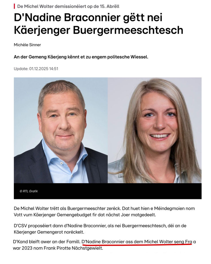 Extrait vun engem RTL-Artikel vum 1. Dezember 2025. De Michel Wolter hält als Buergermeeschter op, seng Fra iwwerhëlt d'Successioun.