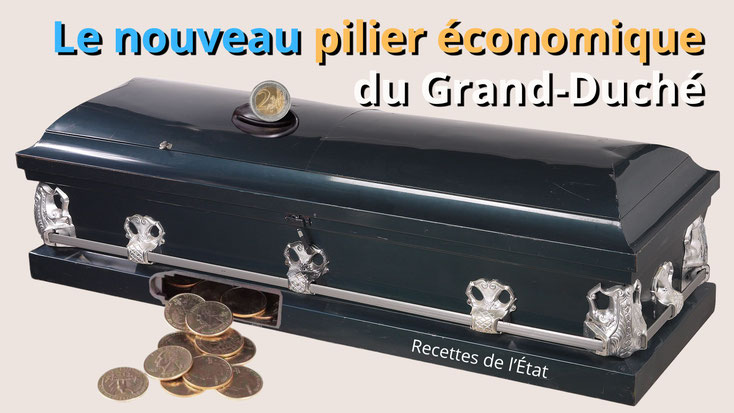 Photomontage représentant un cercueil d'où tombent des pièces de monnaie : image symbolique d'un héritage représentant les revenus de l'État et l'absurdité économique.
