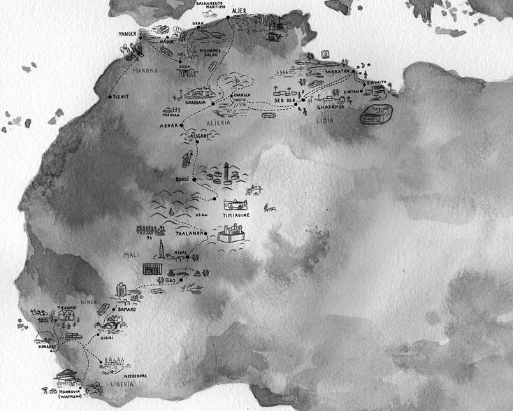 Mapa del viatge de l'Ibrahima (Font: https://eu.wikipedia.org/wiki/Ibrahima_Balde)