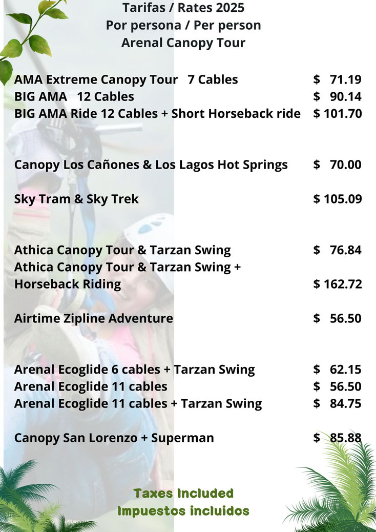 Tarifas Arenal Mundo Aventura, Athica Canopy Tour, Canopy Los Cañones, Sky Tram & Trek, Arenal Ecoglide, Canopy San Lorenzo, Airtime Zipline Adventure
