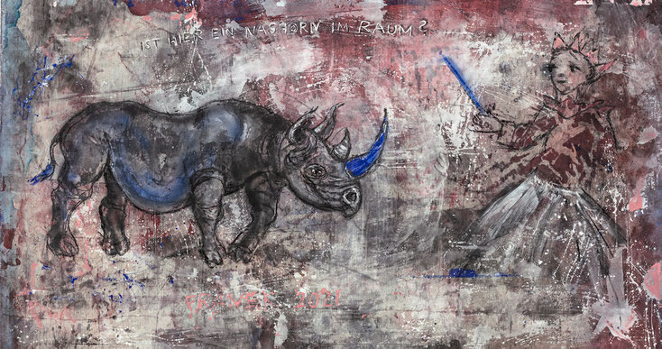 FRANEK | Ist hier ein Nashorn im Raum? | 2021 | Mischtechnik auf Leinwand | 170 × 320 cm